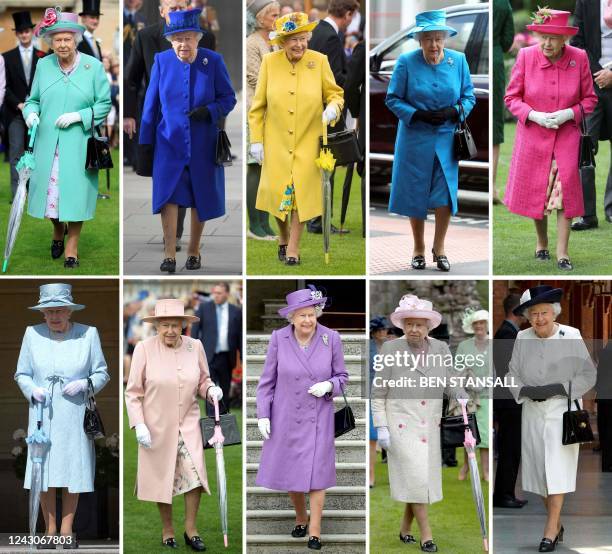 This combination of pictures created in London on July 26, 2021 shows Britain's Queen Elizabeth II attending events wearing a variety of different...