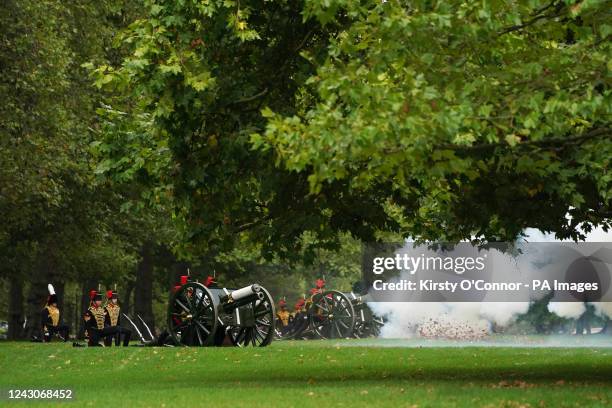 Members of The King's Troop Royal Horse Artillery during the Gun Salute at London's Hyde Park to mark the death of Queen Elizabeth II on Thursday....