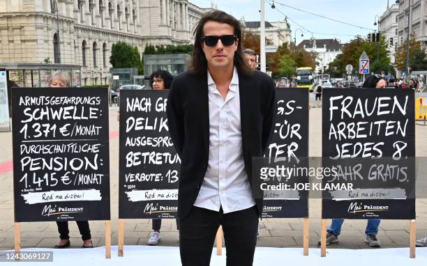 Dominik Wlazny, founder of the Beer Party , presents posters for his presidential campaign in downtown Vienna, Austria on September 9, 2022....