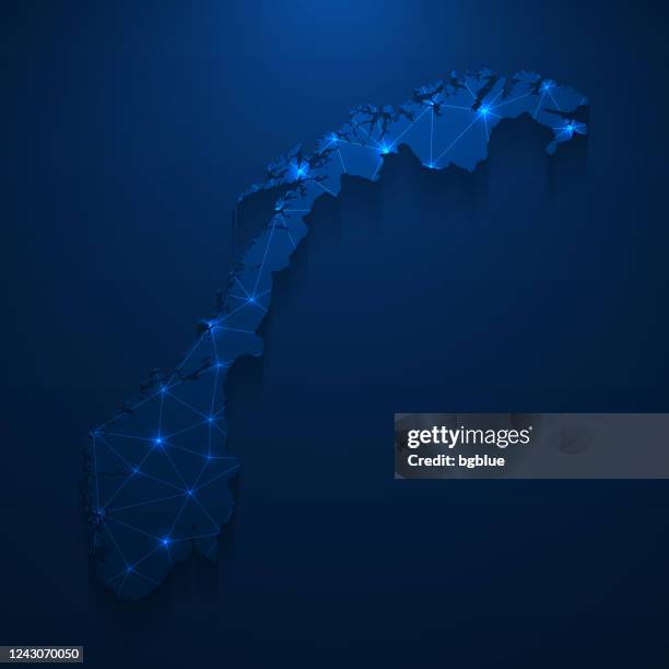 norway map network - bright mesh on dark blue background - oslo stock illustrations