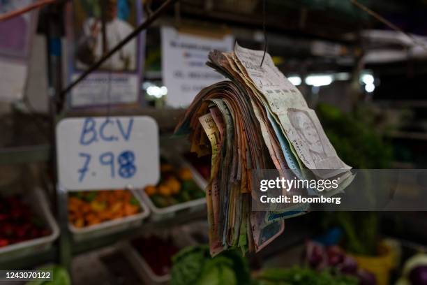 Stack of old Bolivar banknotes on display in the Chacao Municipal Market in Caracas, Venezuela, on Thursday, Sept. 8, 2022. Venezuela's monthly...