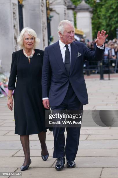 King Charles III and Camilla, Queen Consort arriving at Buckingham Palace, London after travelling from Balmoral following the death of Queen...