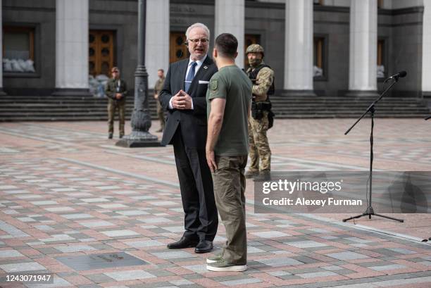 Latvian President Egils Levits talks to Ukrainian President Volodymyr Zelensky during their joint press conference with Polish PM Mateusz Morawiecki...