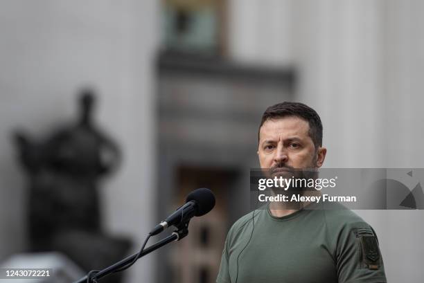 Ukrainian President Volodymyr Zelensky is seen during his joint press conference with Polish PM Mateusz Morawiecki and Latvian President Egils Levits...