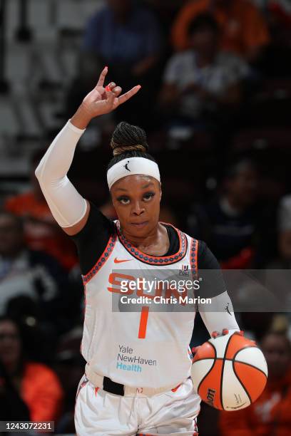 Odyssey Sims of the Connecticut Sun looks on during Round 2 Game 4 of the 2022 WNBA Playoffs on September 6, 2022 at Mohegan Sun Arena in Uncasville,...