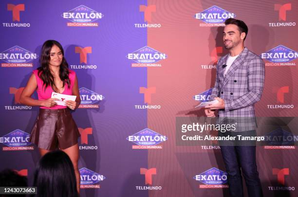 Chelly Cantu and Frederik Oldenburg are seen during the Telemundo Miami press event to reveal the "Exatlon Estados Unidos" contestants at Top Golf on...