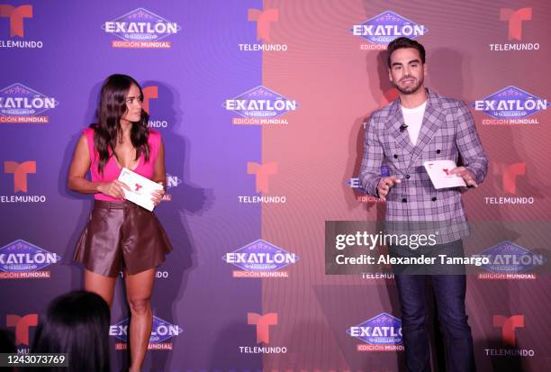 Chelly Cantu and Frederik Oldenburg are seen during the Telemundo Miami press event to reveal the "Exatlon Estados Unidos" contestants at Top Golf on...