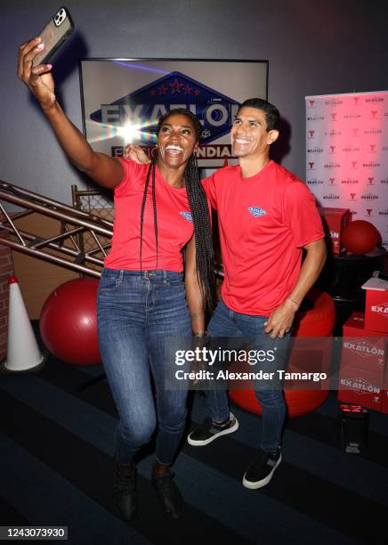 Caterine Ibarguen and Jonny Magallon are seen during the Telemundo Miami press event to reveal the "Exatlon Estados Unidos" contestants at Top Golf...