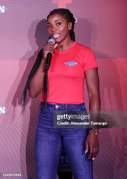 Caterine Ibarguen is seen during the Telemundo Miami press event to reveal the "Exatlon Estados Unidos" contestants at Top Golf on September 9, 2022...