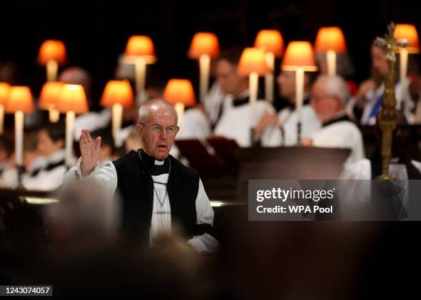 The Archbishop of Canterbury Justin Welby speaks during a service of prayer and reflection, following the passing of Britain's Queen Elizabeth, at St...