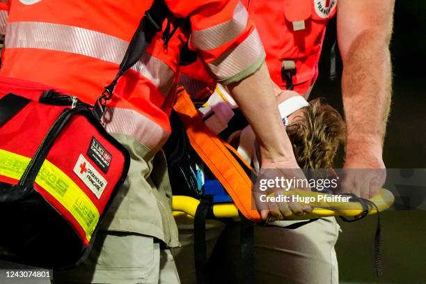 Mathieu GUILLOMOT of Massy leave the pitch injured surrounded by medical crew during the Pro D2 match between Massy and Nevers on September 9, 2022...