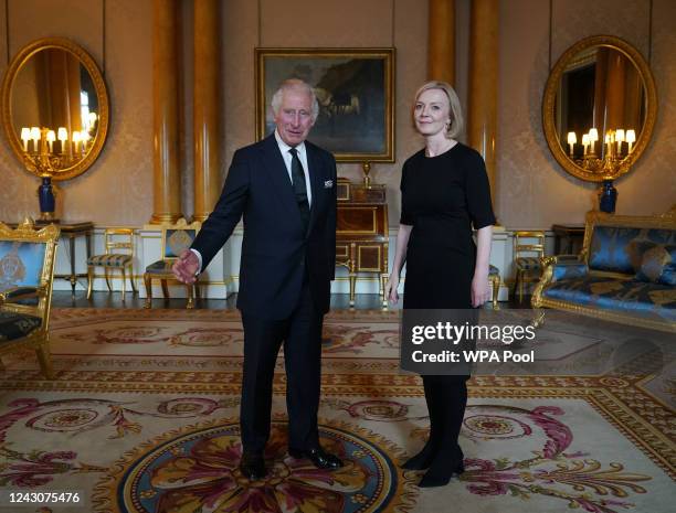 King Charles III during his first audience with Prime Minister Liz Truss at Buckingham Palace, London, following the death of Queen Elizabeth II on...