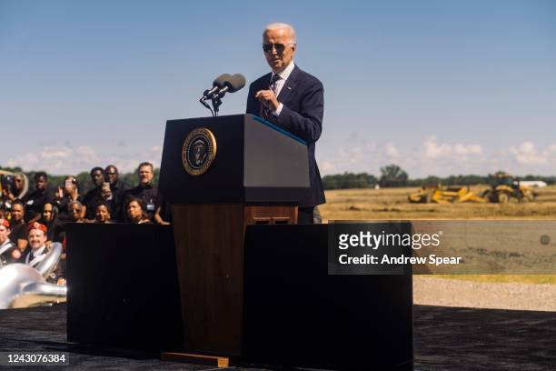President Joe Biden speaks during the groundbreaking of the new Intel semiconductor plant on September 9, 2022 in Johnstown, Ohio. With the help of...