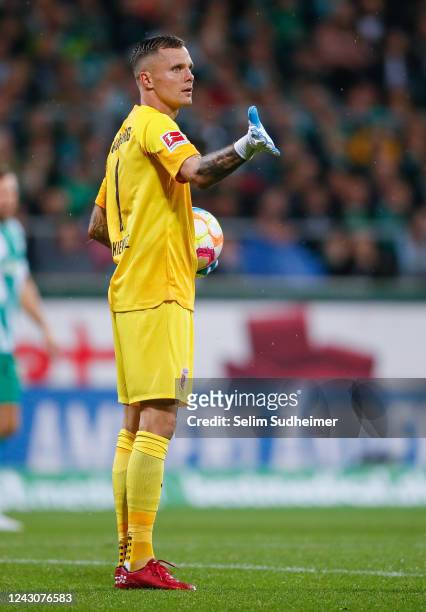 Goalkeeper Rafal Gikiewicz of Augsburg reacts during the Bundesliga match between SV Werder Bremen and FC Augsburg at Wohninvest Weserstadion on...