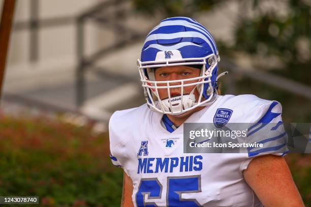 Memphis Tigers offensive lineman Jonah Gambill takes the field for warmups before the game between the Mississippi State Bulldogs and the Memphis...