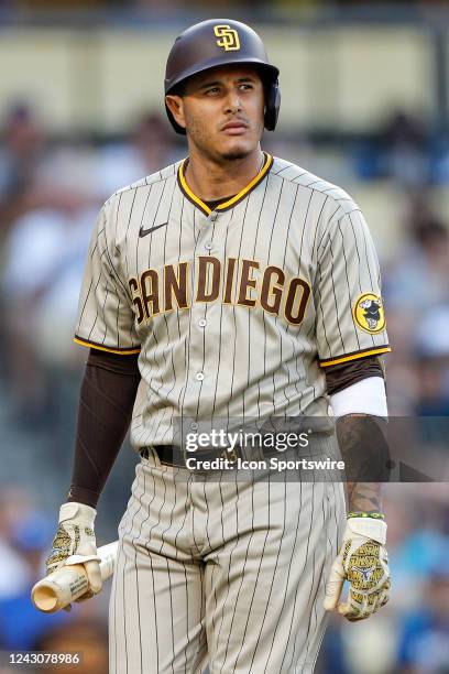 San Diego Padres third baseman Manny Machado reacts after striking out in the first inning during a regular season game between the San Diego Padres...