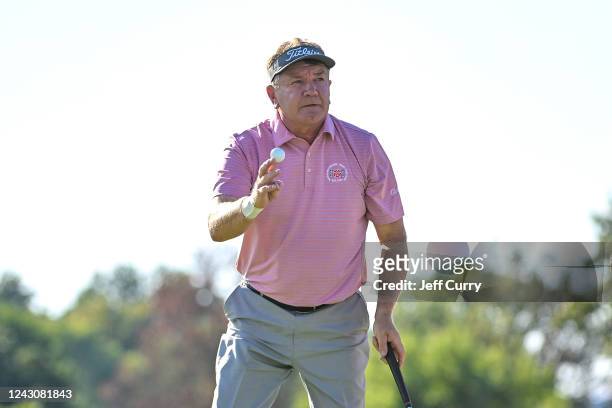 Paul Broadhurst of England acknowledges the gallery after putting on the 18th green during the first round of the Ascension Charity Classic at...