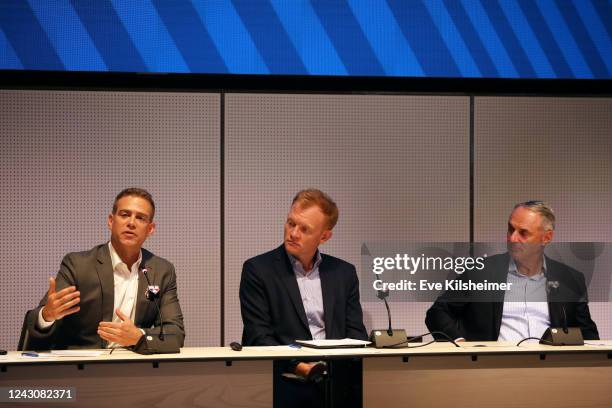 Major League Baseball consultant Theo Epstein speaks to the media during the MLB Rules Press Conference at MLB Headquarters on Friday, September 9,...