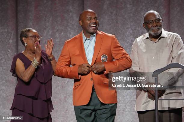 Tim Hardaway receives his Hall of Fame jacket during the Class of 2022 Tip-Off Celebration and Awards Gala as part of the 2022 Basketball Hall of...