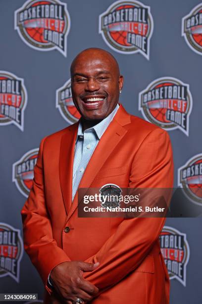 Tim Hardaway poses for a portrait with his Hall of Fame jacket during the Class of 2022 Tip-Off Celebration and Awards Gala as part of the 2022...