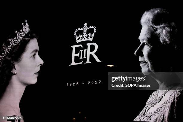 View of the projection of Queen Elizabeth II at Piccadilly Circus. The famous landmark projection in Piccadilly Circus has switched to the projection...