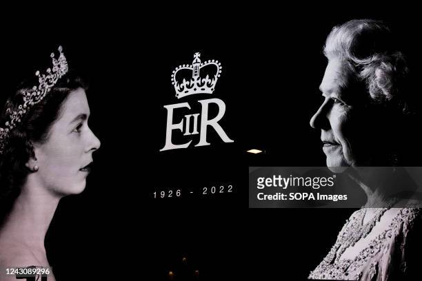View of the projection of Queen Elizabeth II at Piccadilly Circus. The famous landmark projection in Piccadilly Circus has switched to the projection...