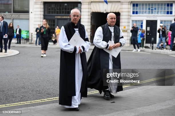 Justin Welby, Archbishop of Canterbury, left, arrives at the proclamation ceremony, on day two of public mourning following the death of Queen...