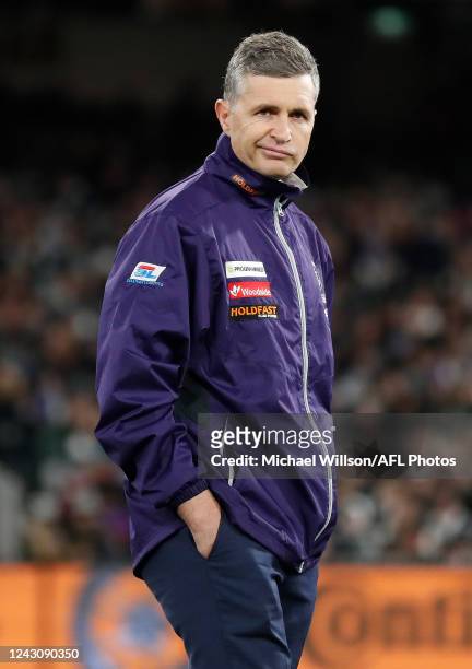 Justin Longmuir, Senior Coach of the Dockers is seen during the 2022 AFL First Semi Final match between the Collingwood Magpies and the Fremantle...