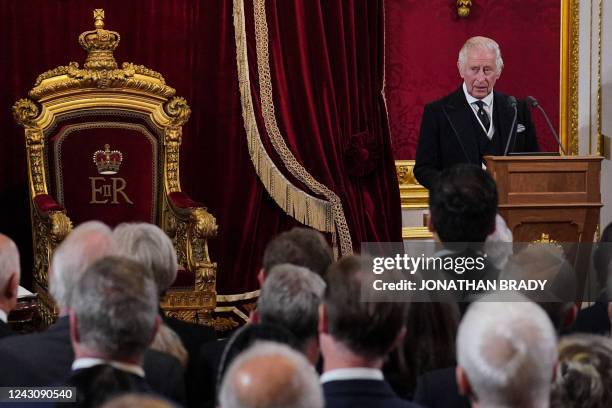 Britain's King Charles III speaks during a meeting of the Accession Council in the Throne Room inside St James's Palace in London on September 10 to...