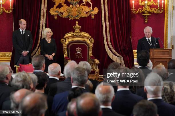 William, Prince of Wales, and Camilla, Queen Consort, look on as King Charles III speaks during his proclamation as King during the accession council...