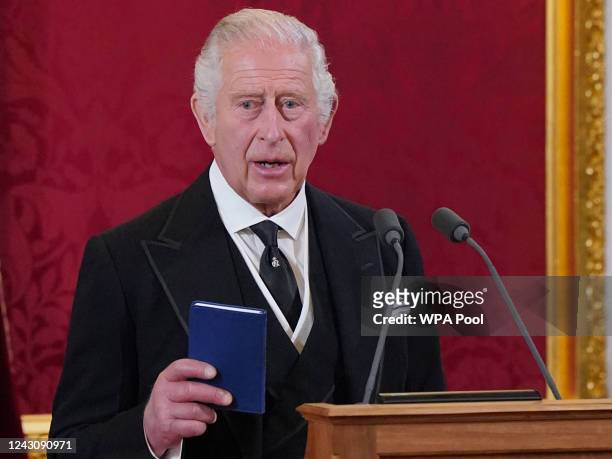 King Charles III speaks during his proclamation as King during the accession council on September 10, 2022 in London, United Kingdom. His Majesty The...