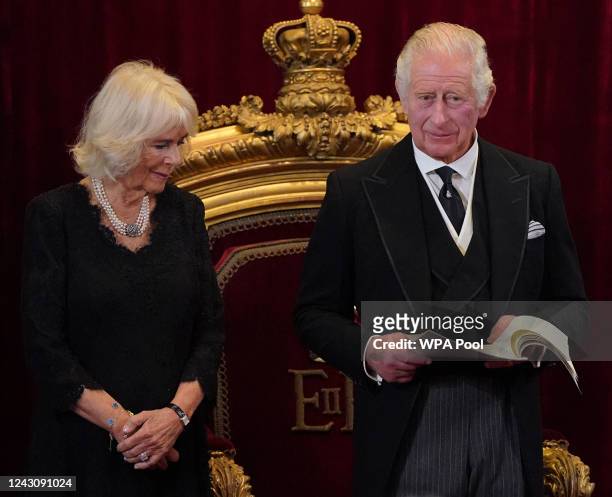 Camilla, Queen Consort, looks on as King Charles III attends his proclamation as King during the accession council on September 10, 2022 in London,...