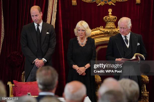 William, Prince of Wales, and Camilla, Queen Consort, look on as King Charles III attends his proclamation as King during the accession council on...