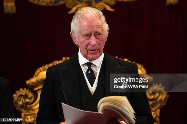 King Charles III reacts during his proclamation as King during the accession council on September 10, 2022 in London, United Kingdom. His Majesty The...