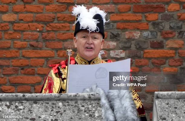 David Vines White, Garter King of Arms reads the Principal Proclamation, from the balcony overlooking Friary Court after the accession council as...