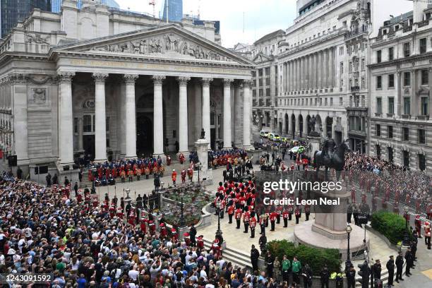 The Band of the Honourable Artillery Company wait outside the Royal Exchange prior to the second Proclamation in the City of London, as King Charles...