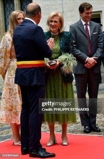 Brussel Mayor Philippe Close greets, Princess Luisa Maria of Belgium , Princess Astrid of Belgium and, Prince Amedeo of Belgium as they arrive at the...