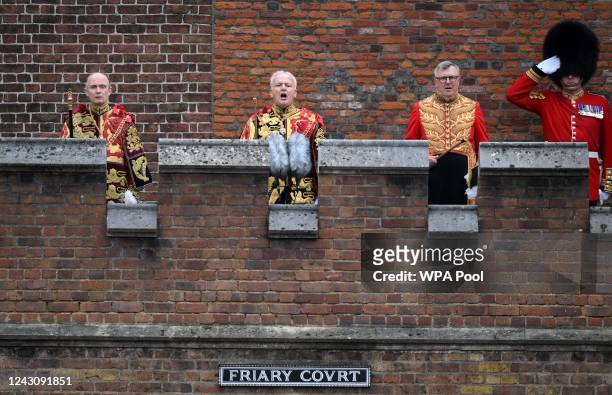 Garter Principle King of Arms, David Vines White , declares 'God save the King' after reading the proclamation of Britain's new King, King Charles...