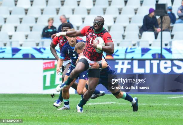 Willy Ambaka of Kenya during Men's Challenge Quarter Finals match between Scotland and Kenya on day 2 of the Rugby World Cup Sevens 2022 at DHL...