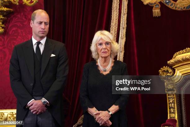 William, Prince of Wales, and Camilla, Queen Consort, look on as King Charles III attends his proclamation as King during the accession council on...