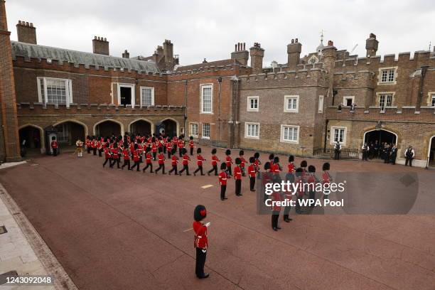 Members of Band of the Coldstream guards take part in the Proclamation ceremony in Friary Court before the accession council, as King Charles III is...