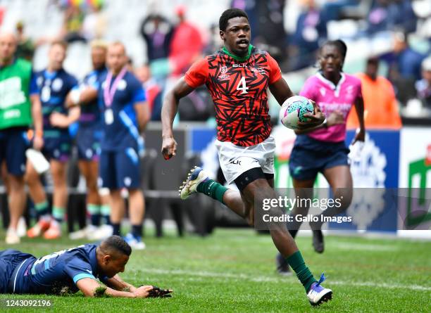 Billy Odhiambo of Kenya celebrate after scoring a try during day 2 of the Rugby World Cup Sevens 2022 Challenge Quarter Finals match 24 between...