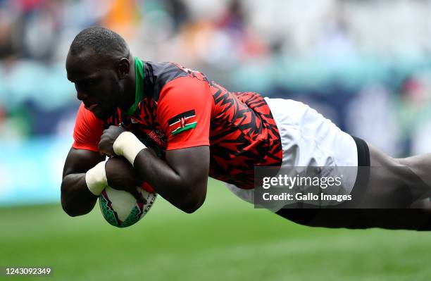 Herman Humwa of Kenya scores a try during day 2 of the Rugby World Cup Sevens 2022 Challenge Quarter Finals match 24 between Scotland and Kenya at...