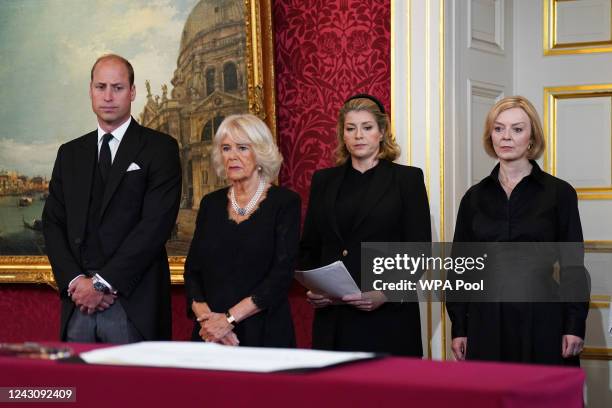 Prince William, Prince of Wales, Camilla, Queen Consort, Lord President of the Council Penny Mordaunt and Prime Minister Liz Truss during the...