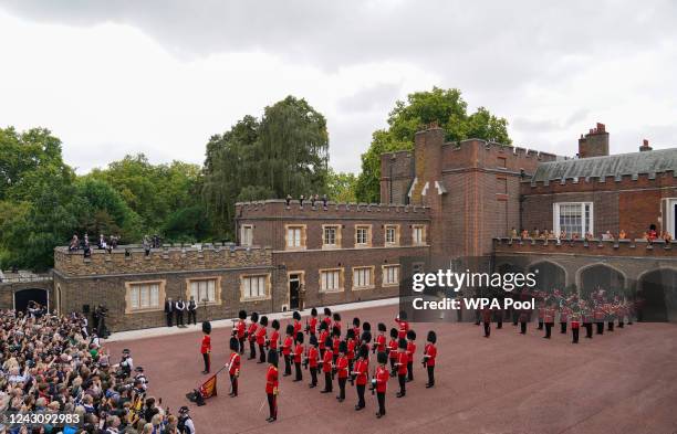 General view as David Vines White, Garter King of Arms reads the Principal Proclamation, from the balcony overlooking Friary Court after the...