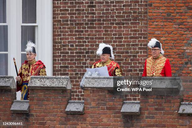 Garter Principle King of Arms, David Vines White, reads the proclamation of Britain's new King, King Charles III, from the Friary Court balcony of St...