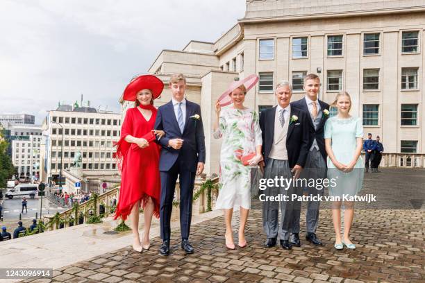 From L-R: Princess Elisabeth of Belgium, Prince Emmanuel of Belgium, Queen Mathilde of Belgium, King Philippe of Belgium, Prince Gabriel of Belgium...