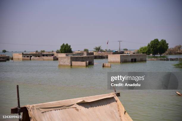 View of a submerged neighborhood after flood caused by heavy monsoon rains Sehwan, Pakistan on September 09, 2022.