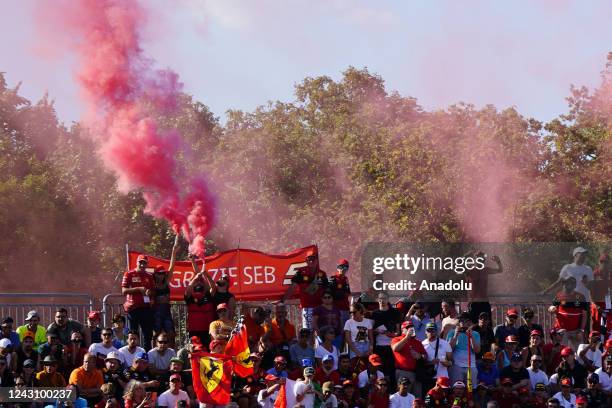 Fans of Ferrari Team are seen during the qualifying ahead of the F1 Grand Prix of Italy at Autodromo di Monza on September 10, 2022 in Monza, Italy.