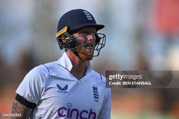 England's captain Ben Stokes walks back to the pavilion after his dismissal during play on the third day of the third Test match between England and...